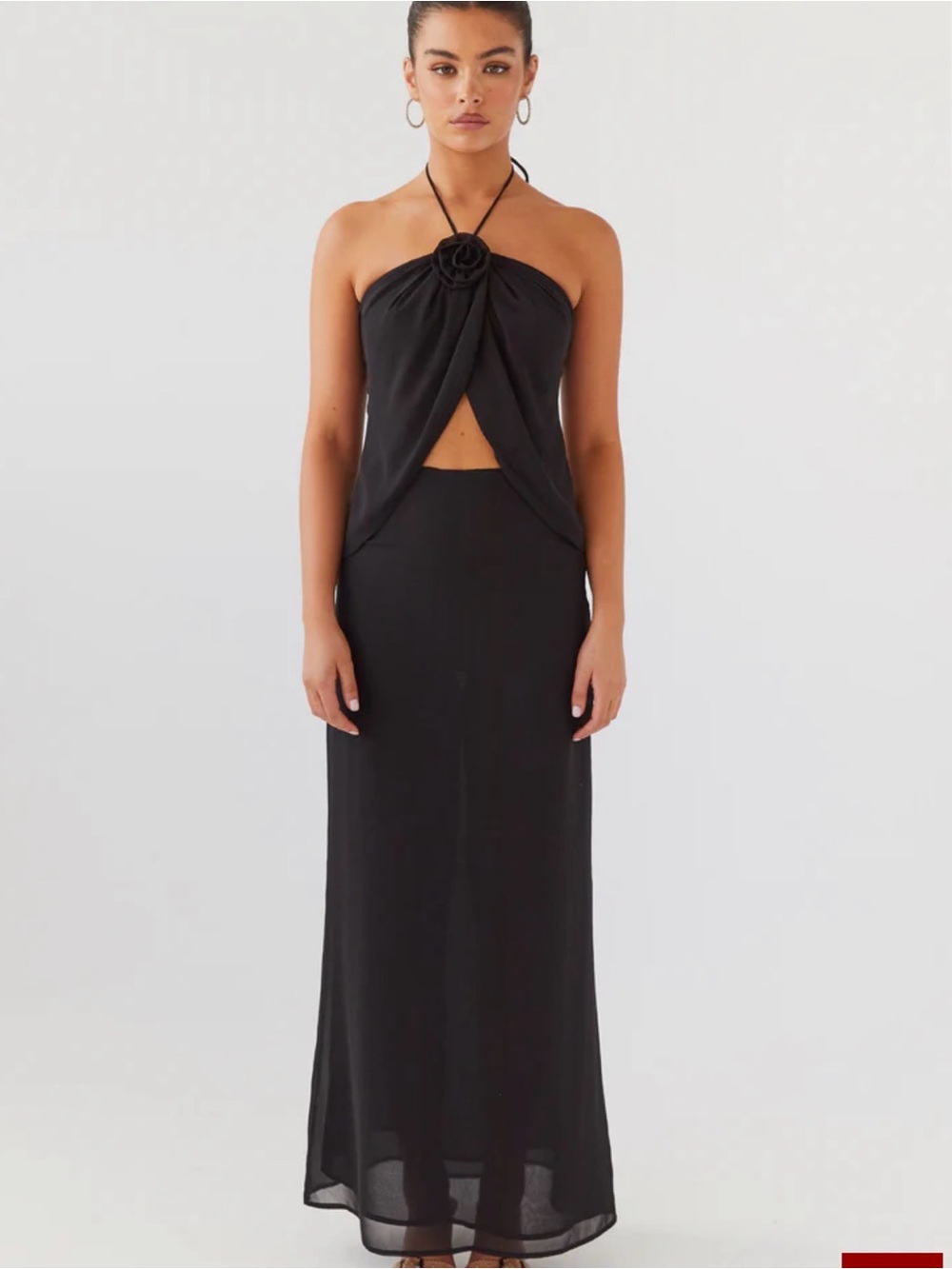Black Halter Maxi Dress with Rosette Detail